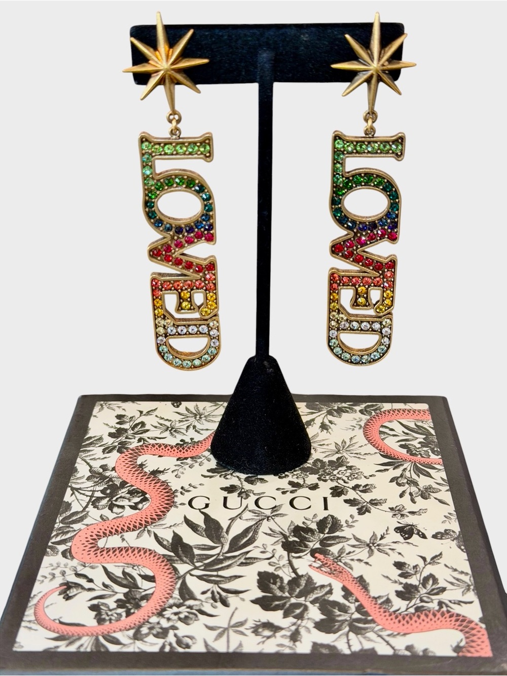 Gucci Gold Multicolor Crystal 'LOVE' Drop Earrings with Star Studs
